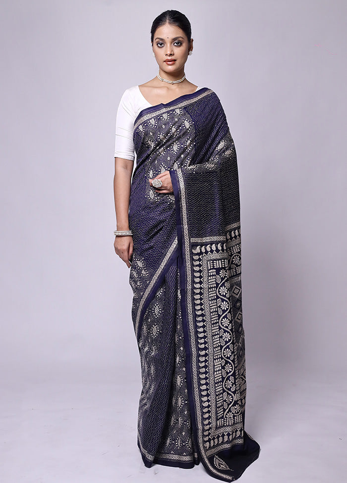 Blue Handloom Kantha Stitch Pure Silk Saree With Blouse Piece For Sale Free Shipping