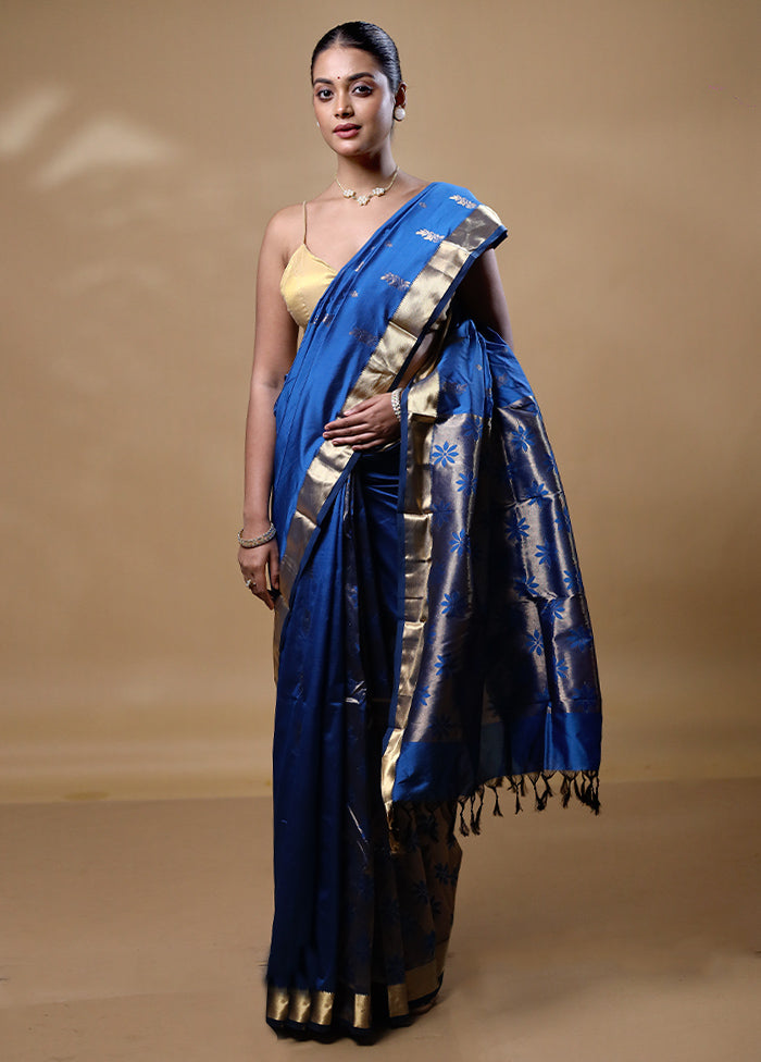 Blue Kanjivaram Silk Saree With Blouse Piece Free Shipping Big Sale