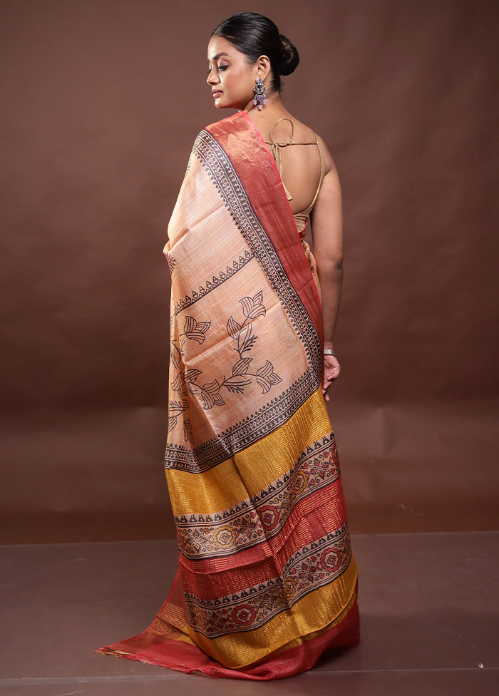 Peach Tussar Silk Saree With Blouse Piece Clearance Low Pice Fee Shipping