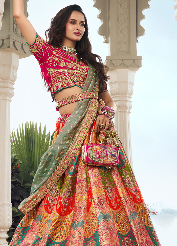 3 Pc Multicolor Silk Semi Stitched Lehenga Set Cheap Fashion Style