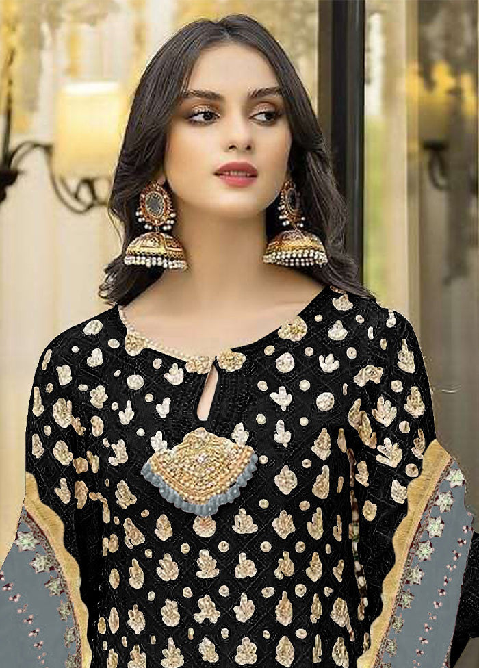 3 Pc Black Semi Stitched Georgette Suit Set Get To Buy