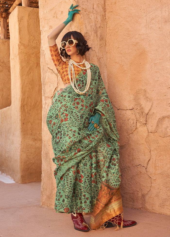 Green Spun Silk Saree With Blouse Piece Outlet The Cheapest