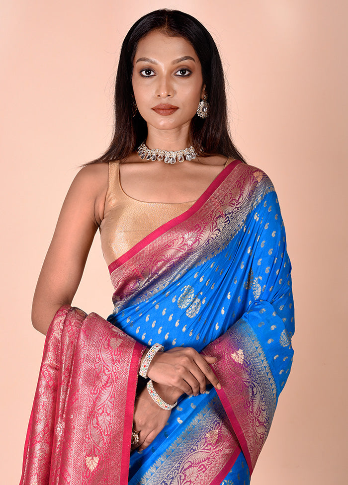 Blue Dupion Silk Saree With Blouse Piece Cheap Pice