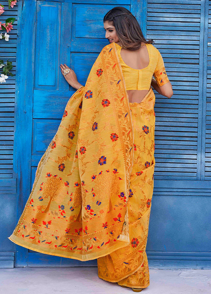 Mustard Linen Silk Saree With Blouse Piece Top Quality Online