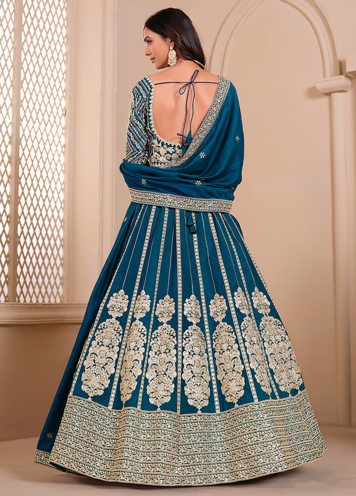 3 Pc Teal Blue Silk Semi Stitched Lehenga Set Real Sale Online