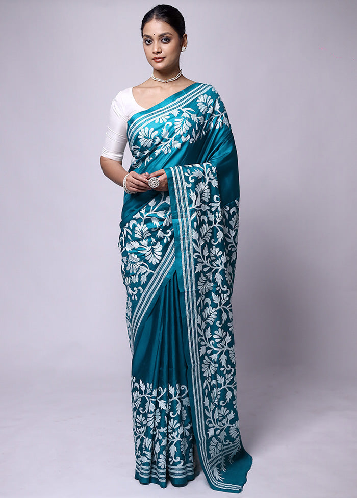 Blue Handloom Kantha Stitch Pure Silk Saree With Blouse Piece With Paypal Cheap Online