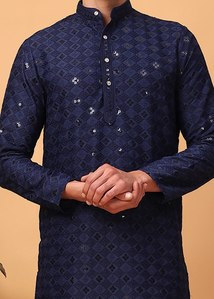 2 Pc Navy Blue Viscose Kurta Pajama Set Sale Recommend