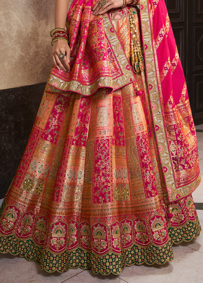 3 Pc Peach Silk Semi Stitched Lehenga Set Outlet For Nice