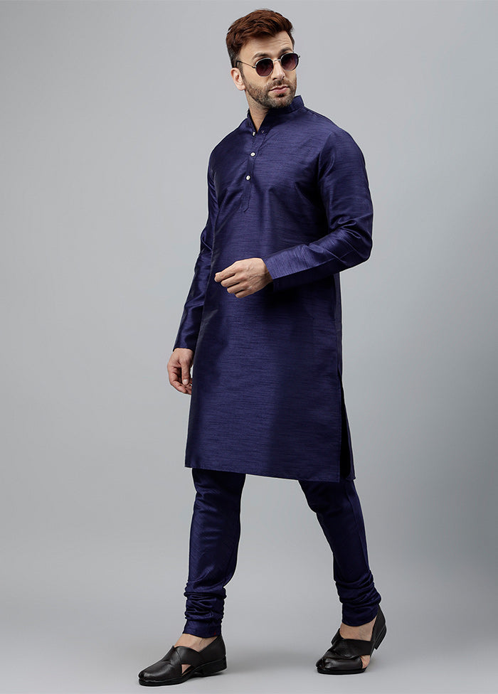 2 Pc Navy Blue Dupion Silk Kurta Pajama Set Outlet Choice