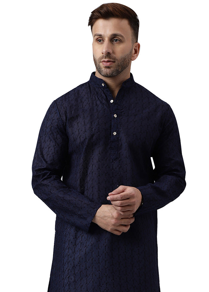 Navy Blue Silk Embroidered Kurta Perfect Cheap Pice