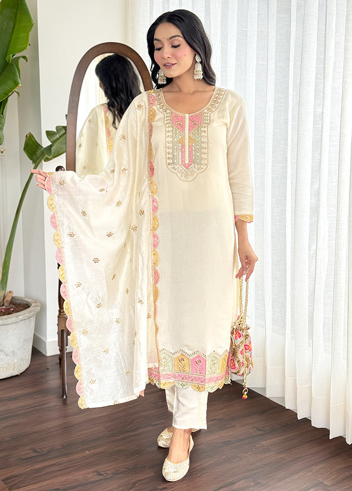 3 Pc Cream Readymade Chanderi Suit Set Pictures For Sale