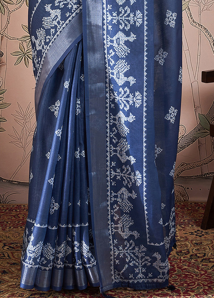 Navy Blue Linen Silk Saree With Blouse Piece Marketable