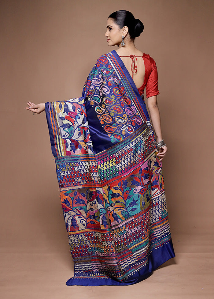 Blue Handloom Kantha Stitch Pure Silk Saree With Blouse Piece In China Online