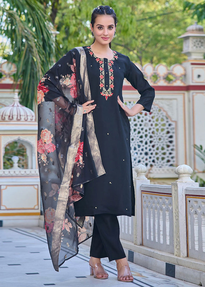 3 Pc Black Readymade Chanderi Suit Set Enjoy For Sale