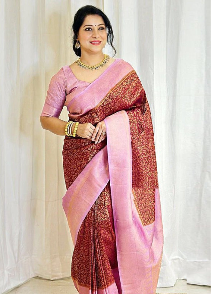 Maroon Spun Silk Saree With Blouse Piece Clearance Cheapest Pice