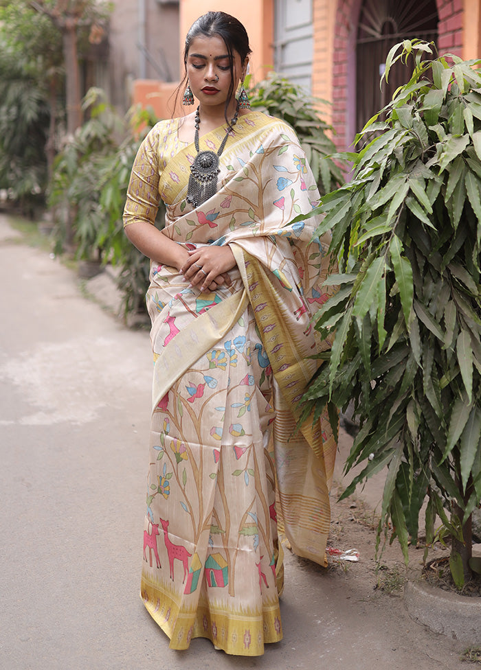 Yellow Tussar Silk Saree With Blouse Piece Discount Supply