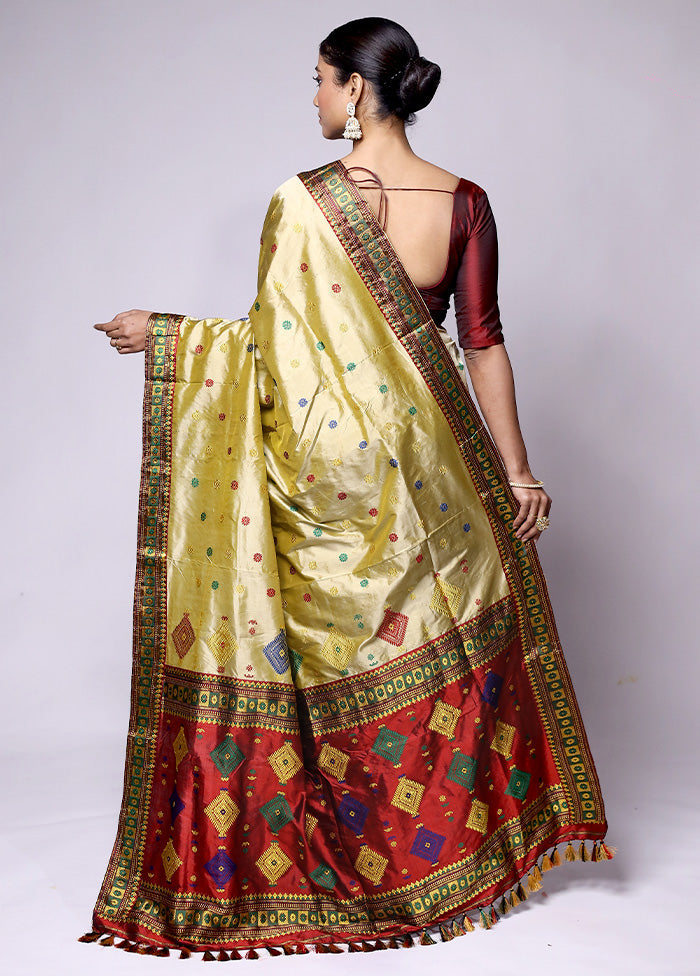 Golden Handloom Assam Pure Silk Saree With Blouse Piece Classic