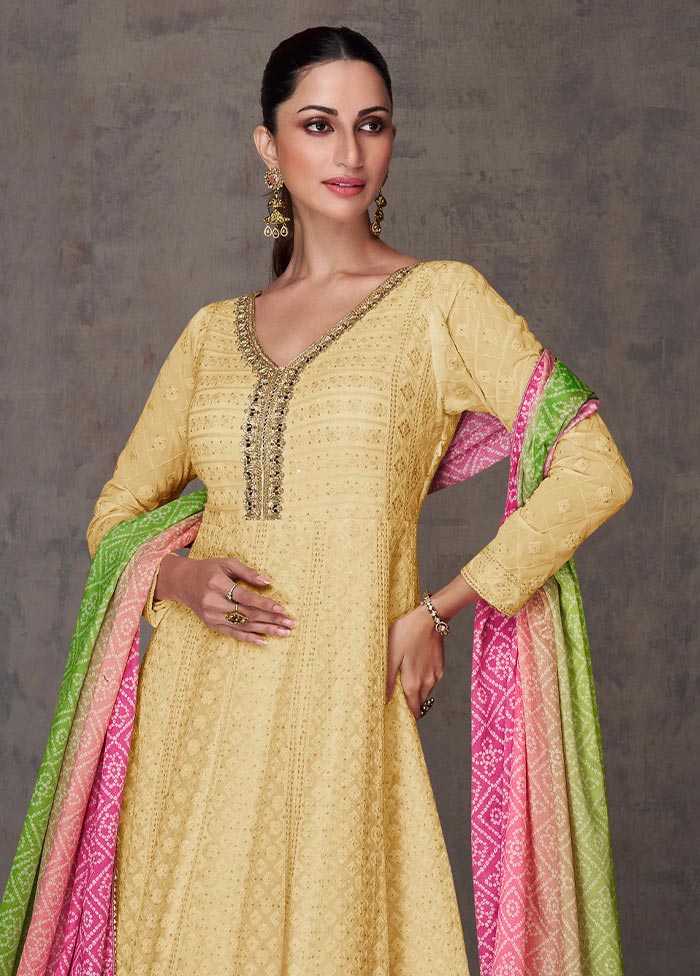 3 Pc Yellow Semi Stitched Georgette Suit Set For Nice Online