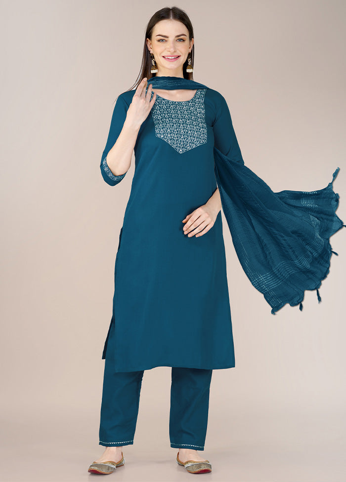 3 Pc Teal Blue Readymade Cotton Suit Set Fast Delivery Sale Online