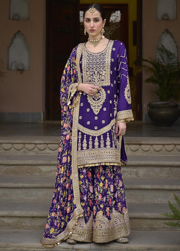 3 Pc Purple Semi Stitched Silk Suit Set Sale Classic