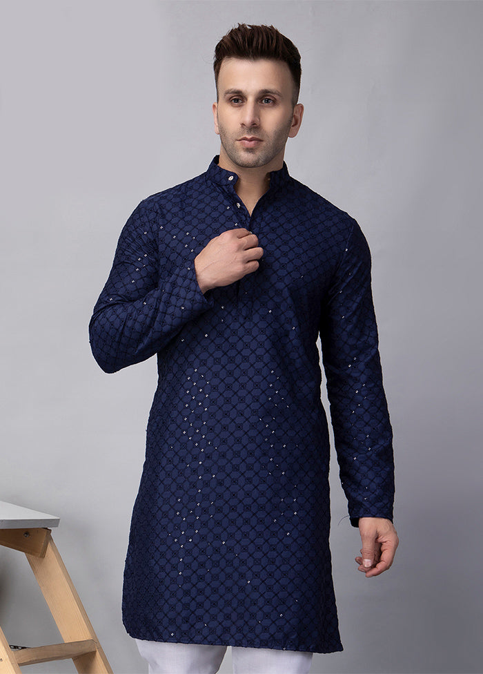 Navy Blue Viscose Embroidered Knee Length Kurta Cheap Best Place