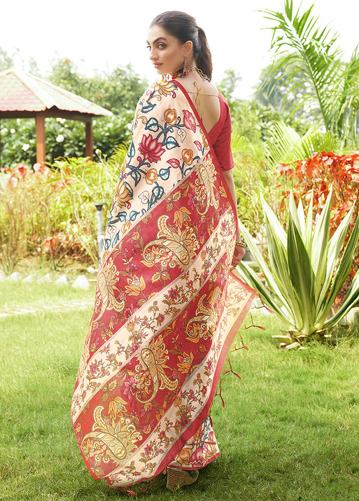 Red Tussar Silk Saree With Blouse Piece Discount Cost