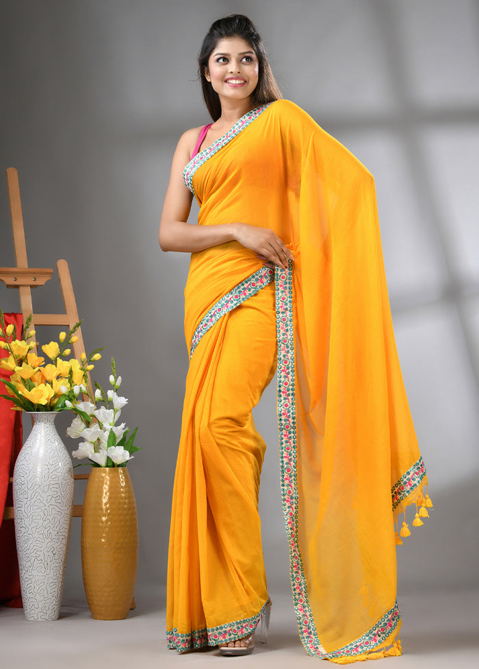 Yellow Cotton Solid Saree Without Blouse Piece Sale 100% Authentic