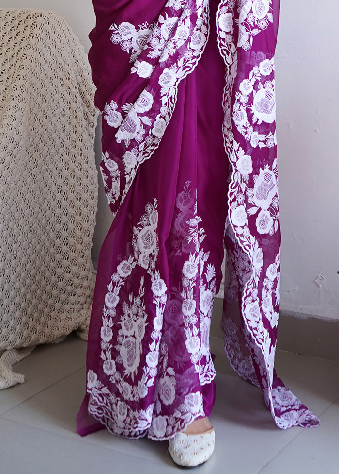 Purple Organza Saree With Blouse Piece Clearance Exclusive