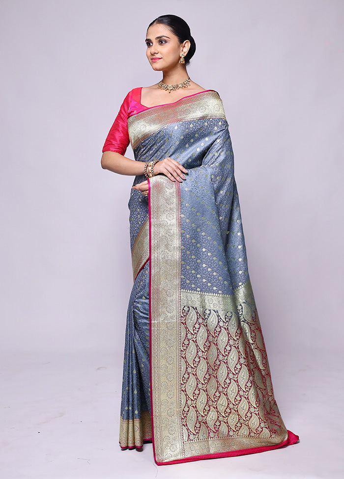 Grey Tanchoi Silk Saree With Blouse Piece Clearance Amazing Pice