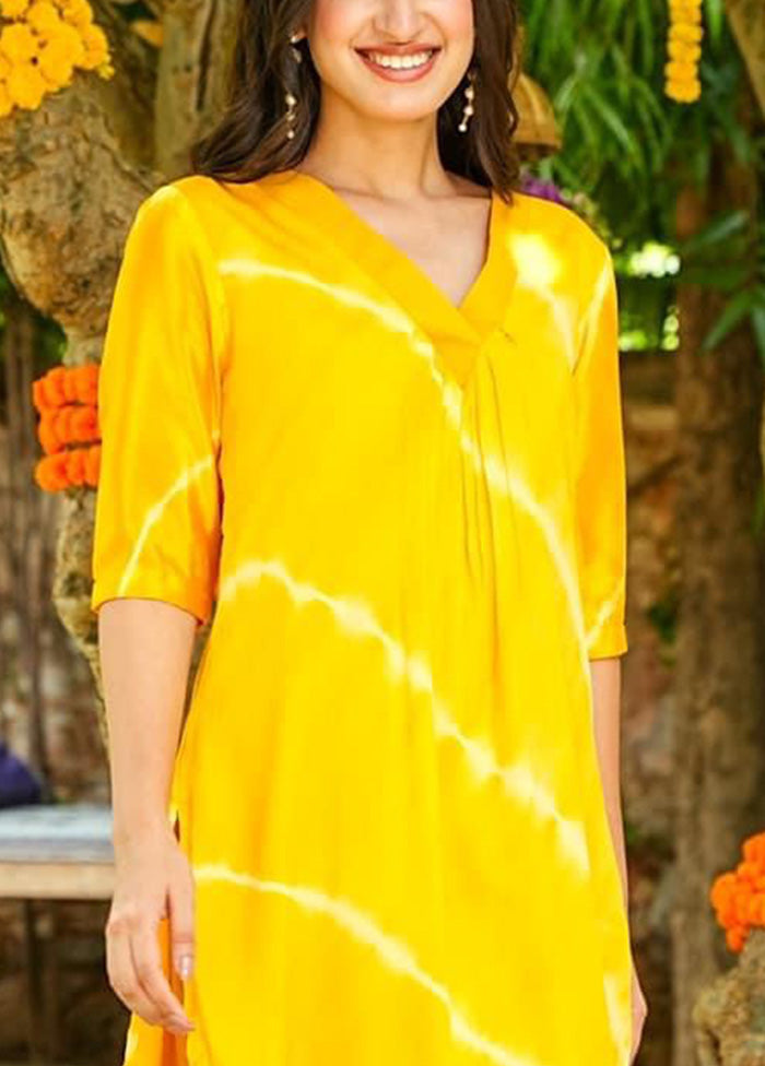 2 Pc Yellow Readymade Silk Kurti Set Sale Comfortable