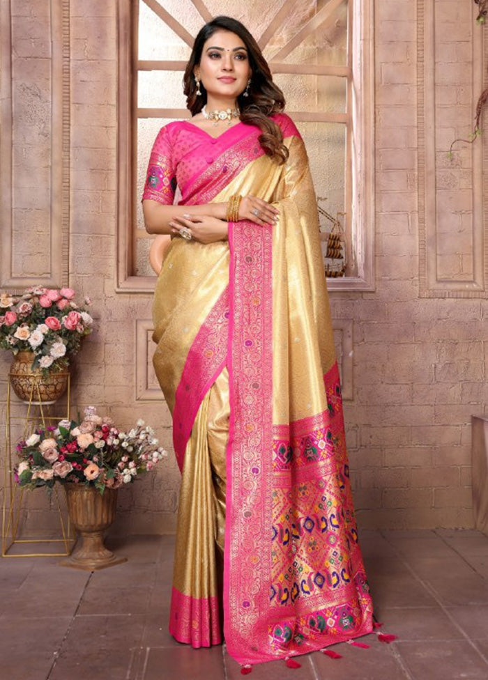 Golden Banarasi Silk Saree With Blouse Piece 2025 Newest Cheap Online