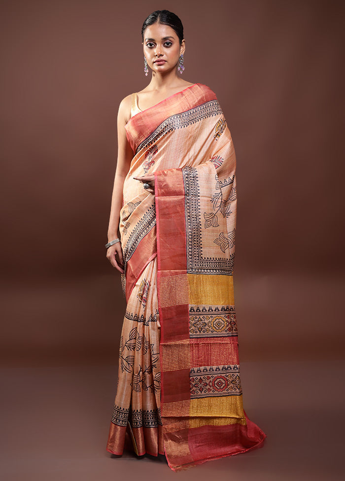 Peach Tussar Silk Saree With Blouse Piece Clearance Low Pice Fee Shipping