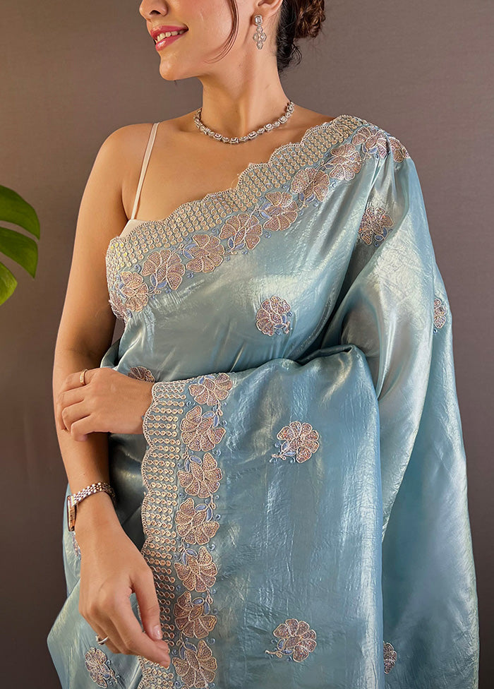 Blue Spun Silk Saree With Blouse Piece Newest For Sale