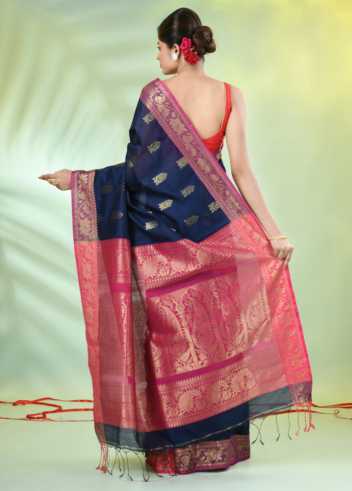 Navy Blue Pure Cotton Saree With Blouse Piece Choice For Sale