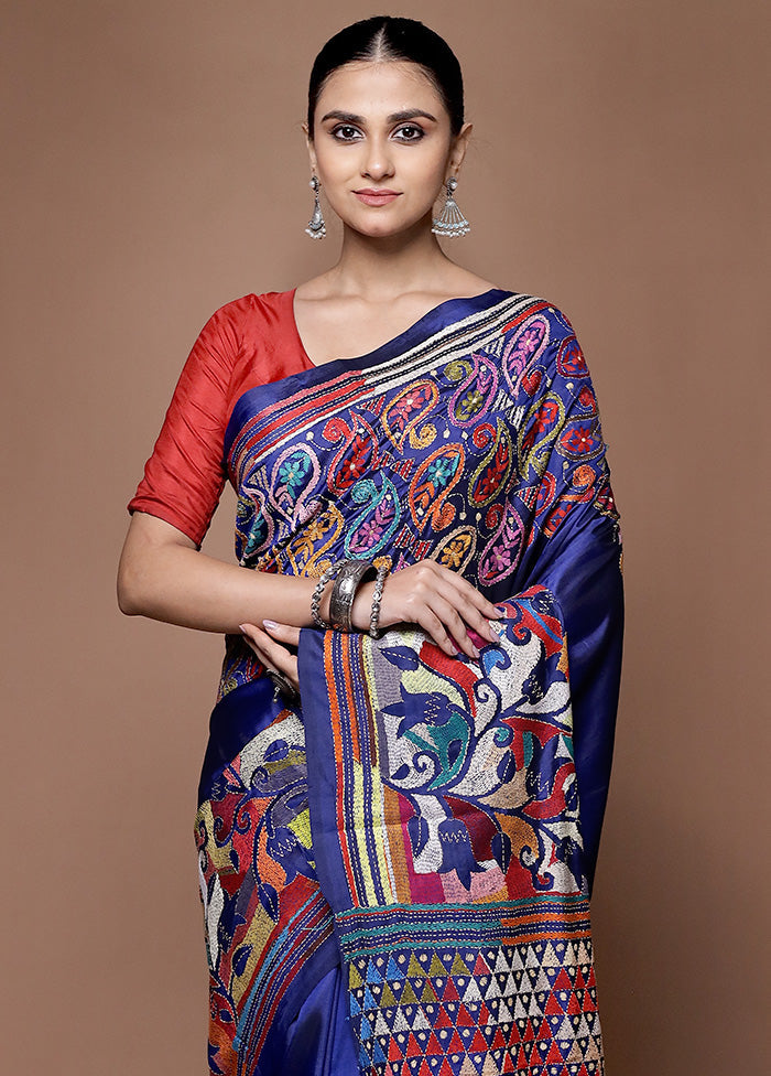 Blue Handloom Kantha Stitch Pure Silk Saree With Blouse Piece In China Online