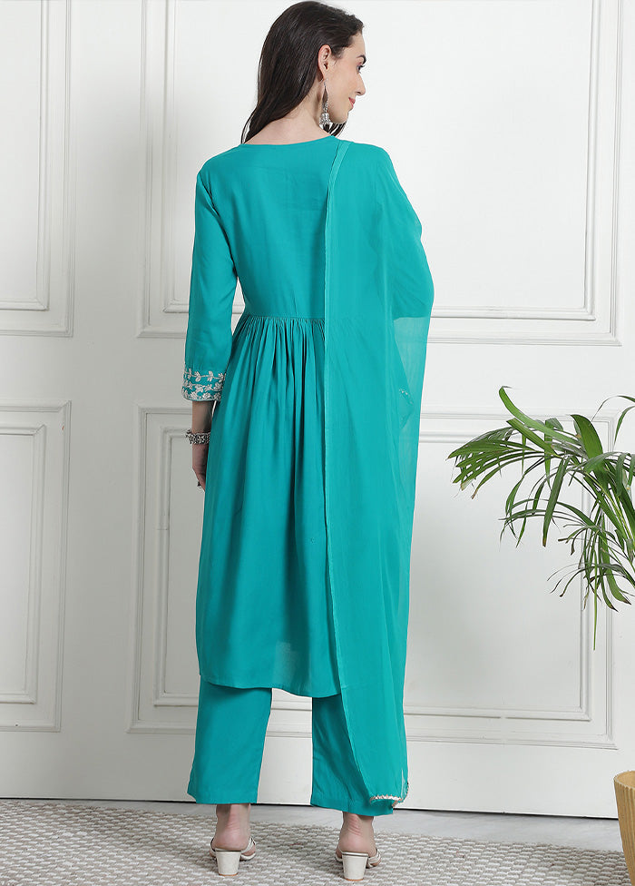 3 Pc Teal Blue Readymade Rayon Suit Set Sale Release Dates