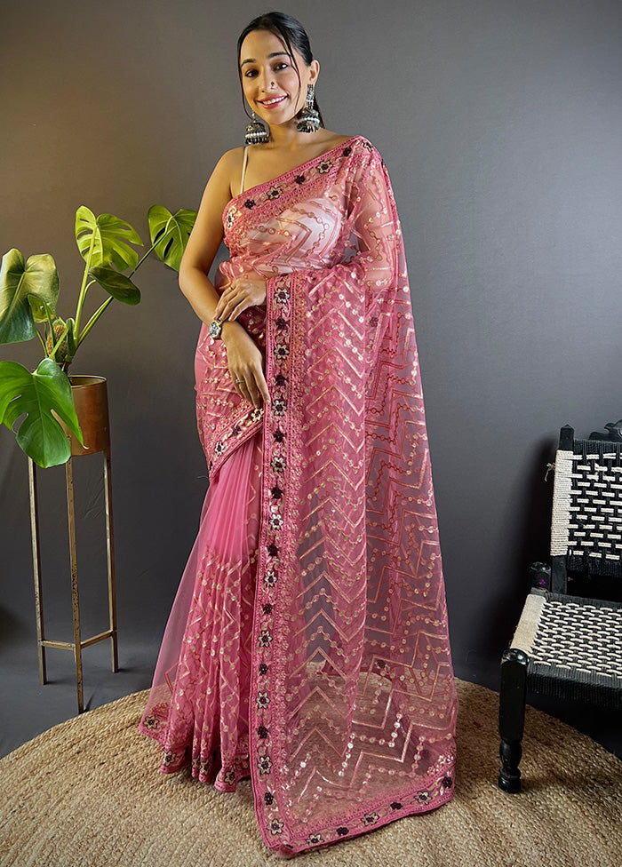 Pink Net Net Saree With Blouse Piece Find Great Online