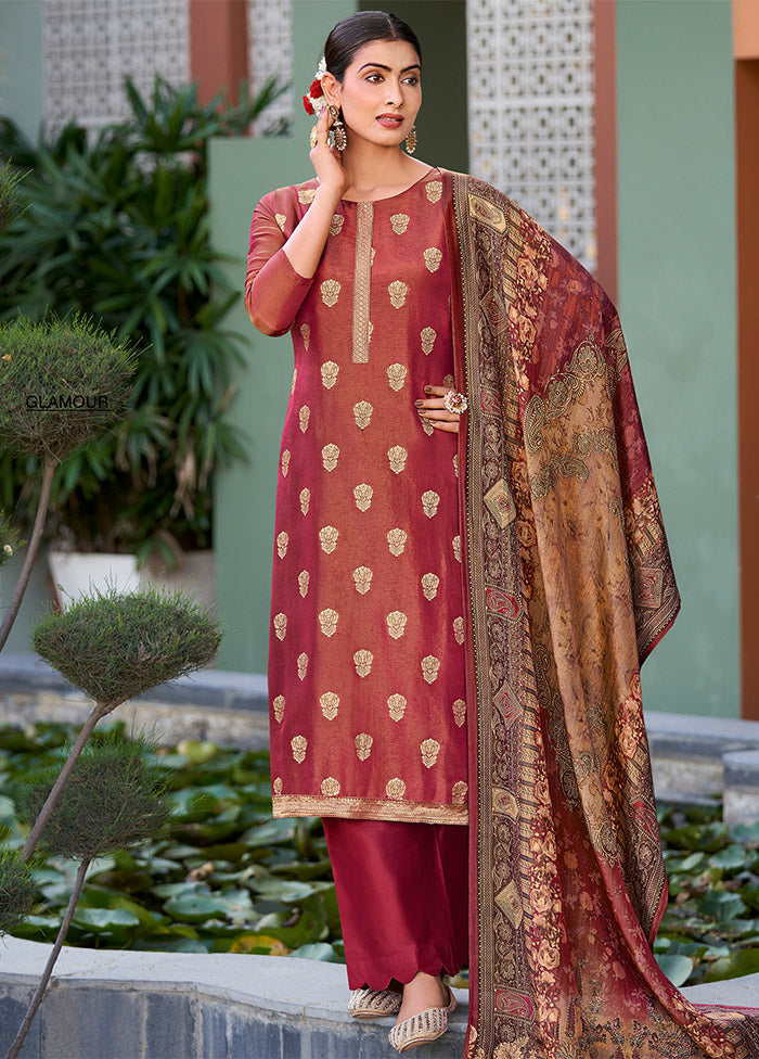 3 Pc Maroon Unstitched Pure Silk Suit Set High Quality For Sale