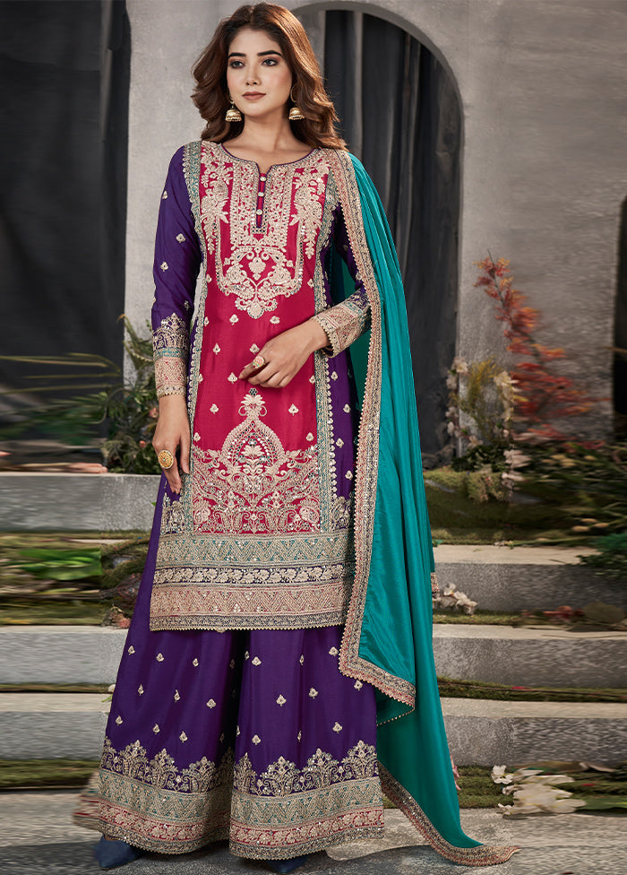 3 Pc Multicolor Semi Stitched Silk Suit Set Discount Great Deals