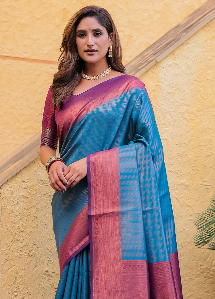 Sky Blue Kanjivaram Silk Saree With Blouse Piece Latest Collections For Sale