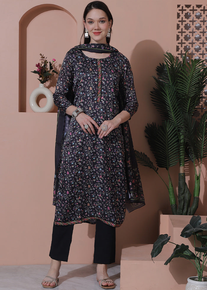 3 Pc Black Semi Stitched Silk Suit Set Cheap Pictures