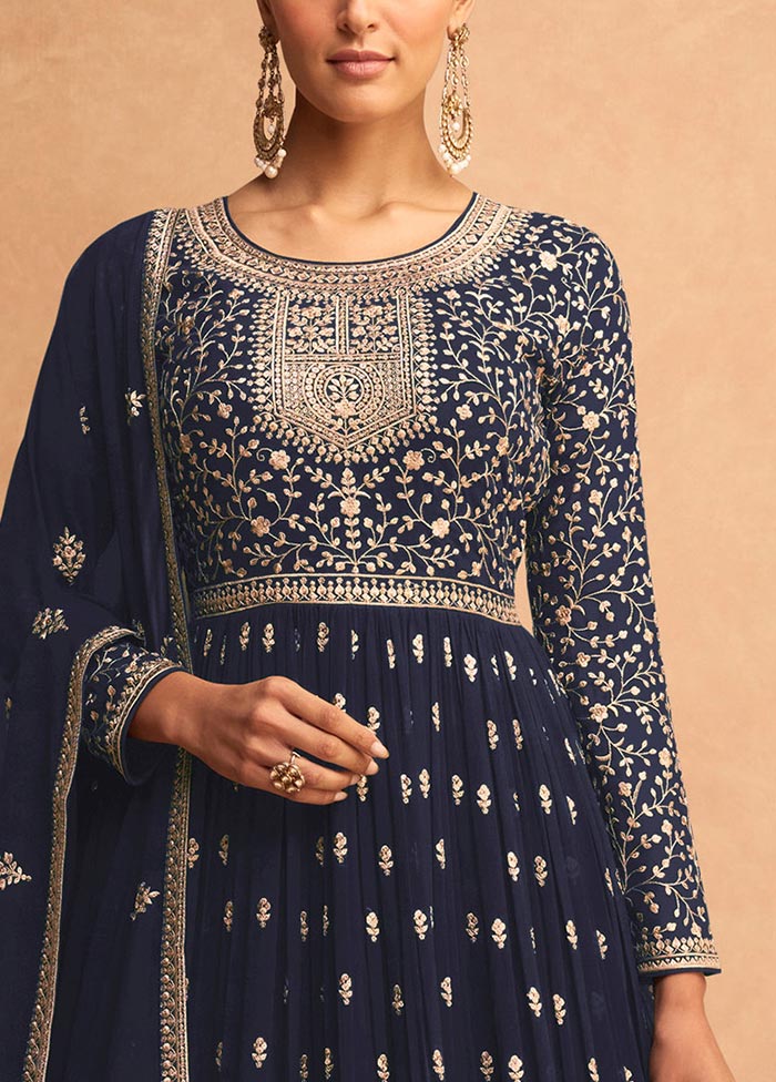 3 Pc Navy Blue Semi Stitched Georgette Suit Set Cheap Sale Best Pices