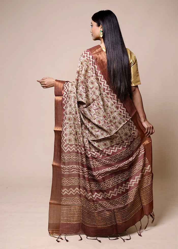 Beige Tussar Silk Saree With Blouse Piece Free Shipping 100% Guaranteed