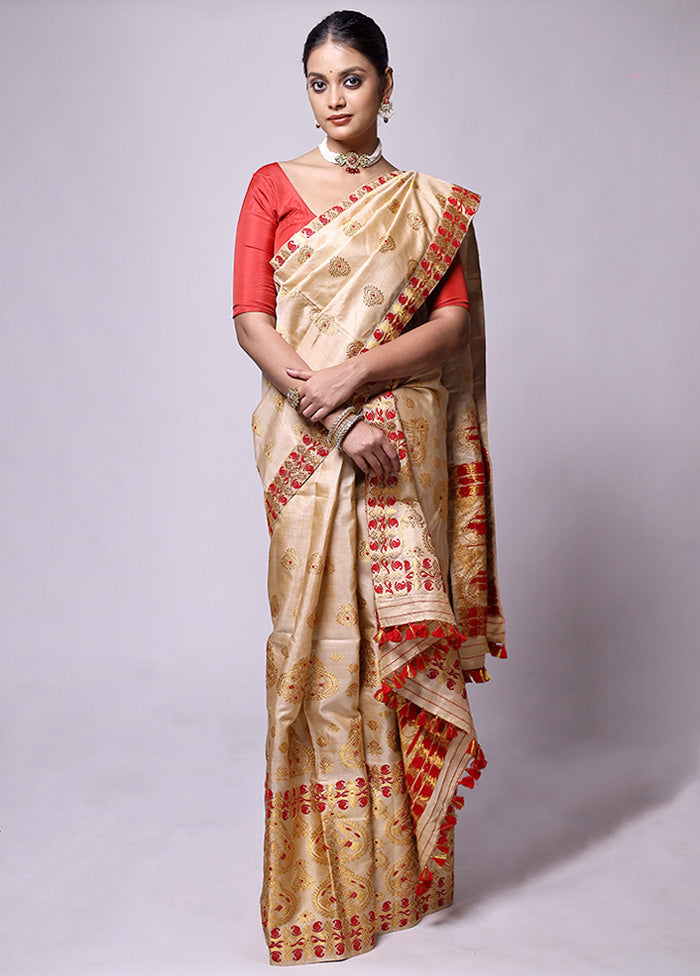 Cream Handloom Assam Pure Silk Saree With Blouse Piece Sale Footlocker Pictures