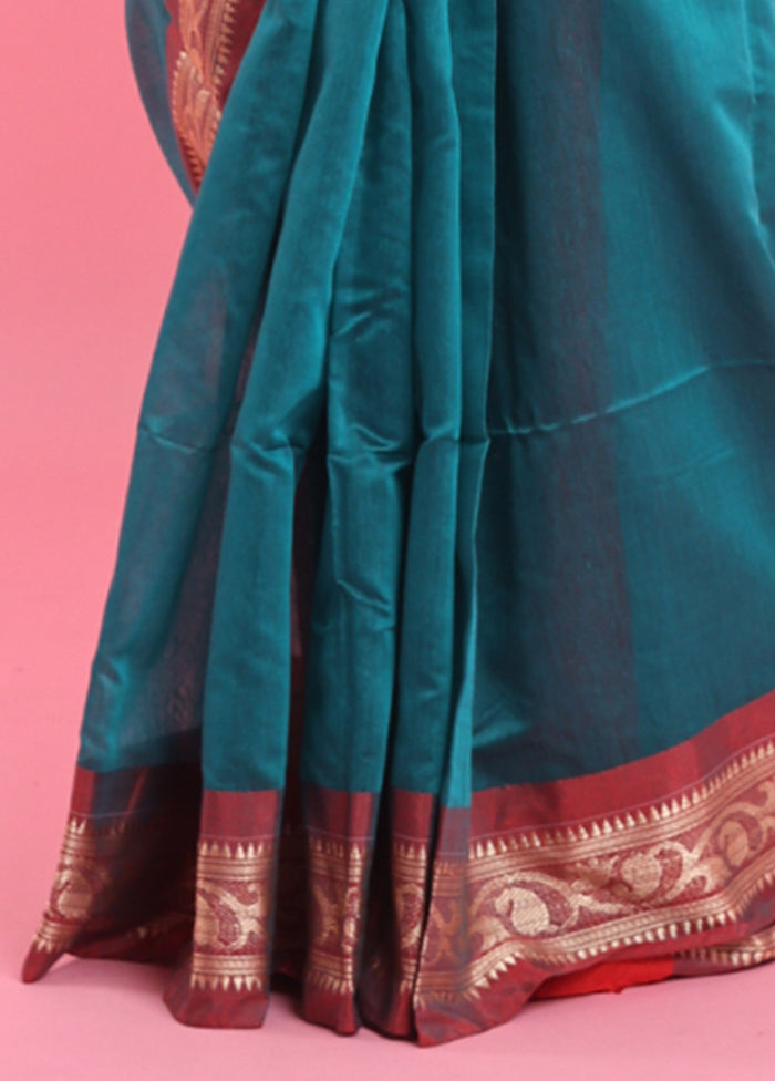 Teal Cotton Saree With Blouse Piece Free Shipping 100% Guaranteed