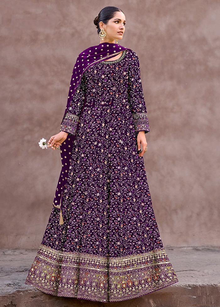 3 Pc Purple Semi Stitched Georgette Suit Set Free Shipping Perfect