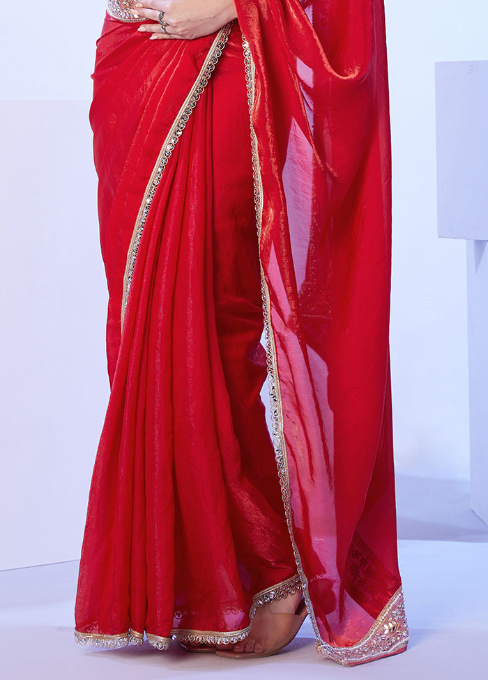 Red Satin Silk Saree With Blouse Piece Clearance Order