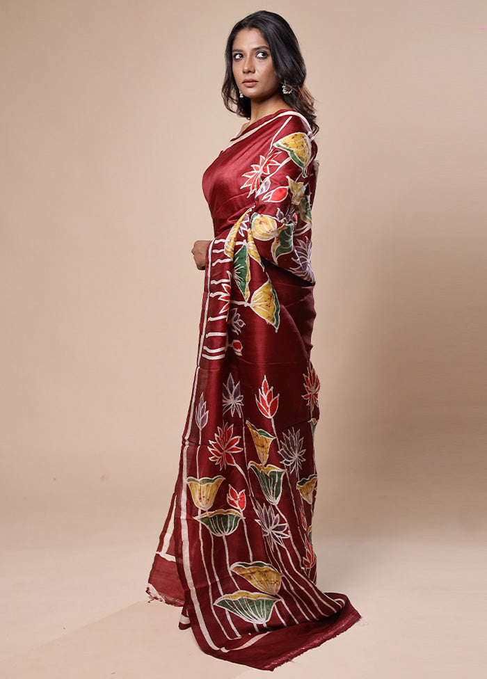 Maroon Printed Pure Silk Saree Without Blouse Piece Clearance Get Authentic