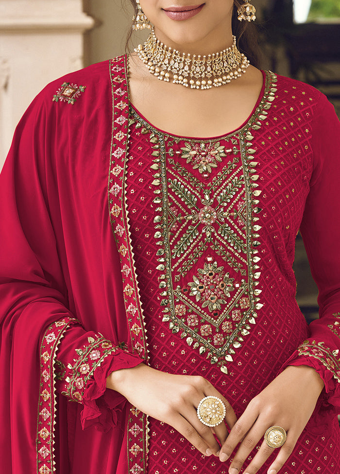 3 Pc Red Semi Stitched Georgette Suit Set Sale Amazing Pice