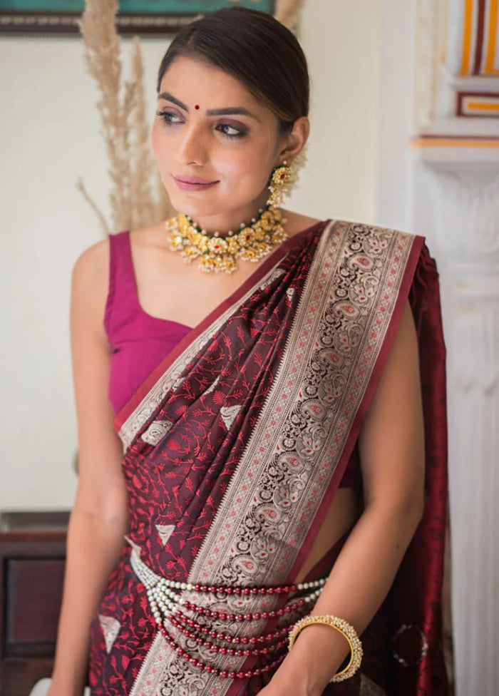 Maroon Banarasi Silk Saree With Blouse Piece View